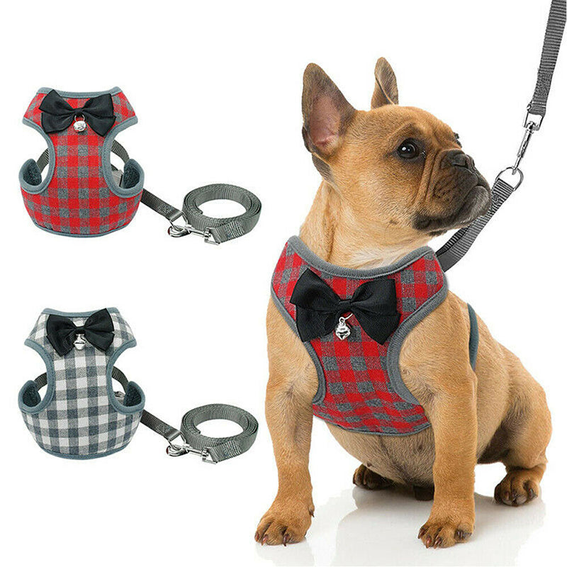 Leash with Checkered Bowtie Harness for Pets