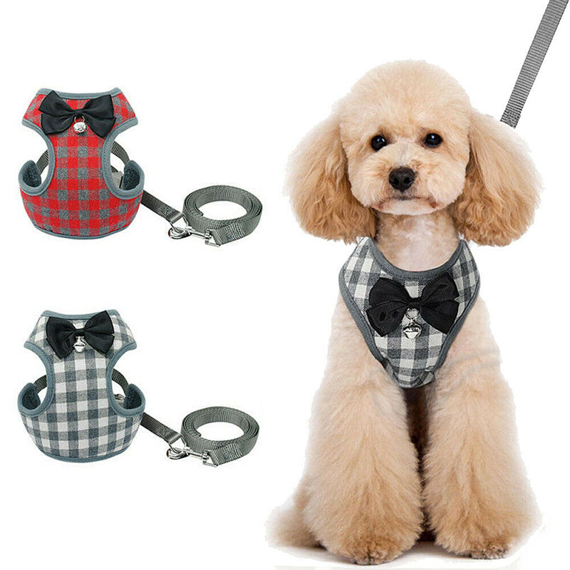 Leash with Checkered Bowtie Harness for Pets