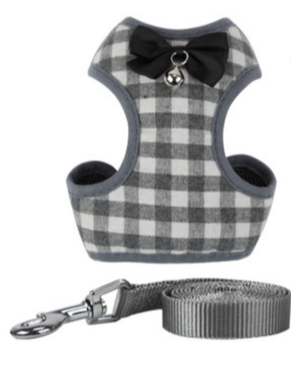 Leash with Checkered Bowtie Harness for Pets