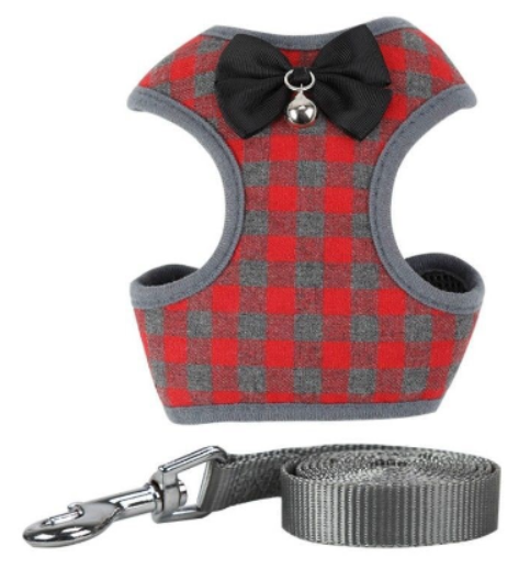 Leash with Checkered Bowtie Harness for Pets